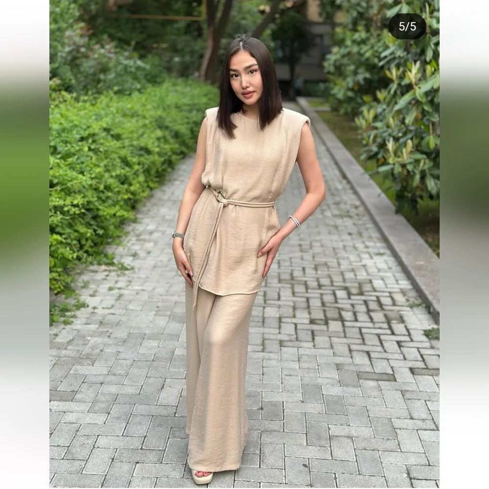 Zara Set 2 Pc belted Top and Wide Pants Size S